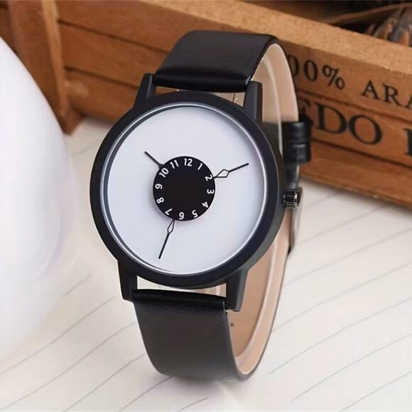 Minimalist Unique Dial Watch Unisex Analog Quartz with Black Faux Leather Band - Picture 2 of 4